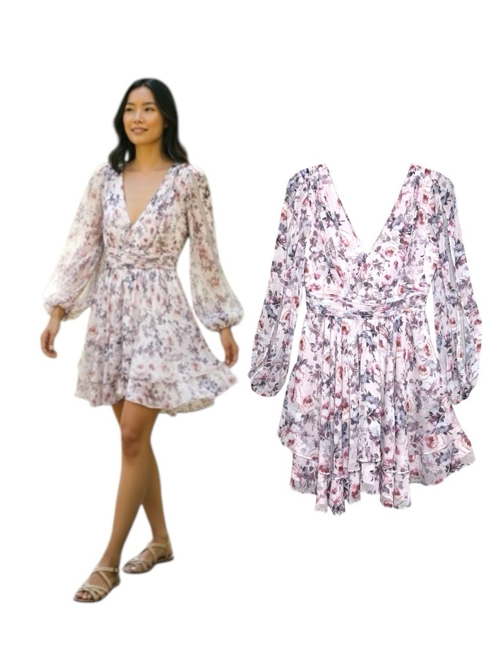 Ever New Floral Chiffon Tiered Dress Blush Pink Sz 4 Romantic Open Long Sleeve